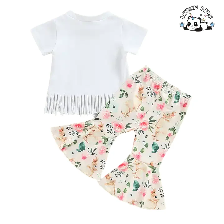 LEZONKIDS - Conjunto de Roupas de Meninas com Logo Personalizado, Camiseta de Manga Curta com Borla de Coelho de Desenho Animado e Calças Flared Impressas para Festas de Páscoa